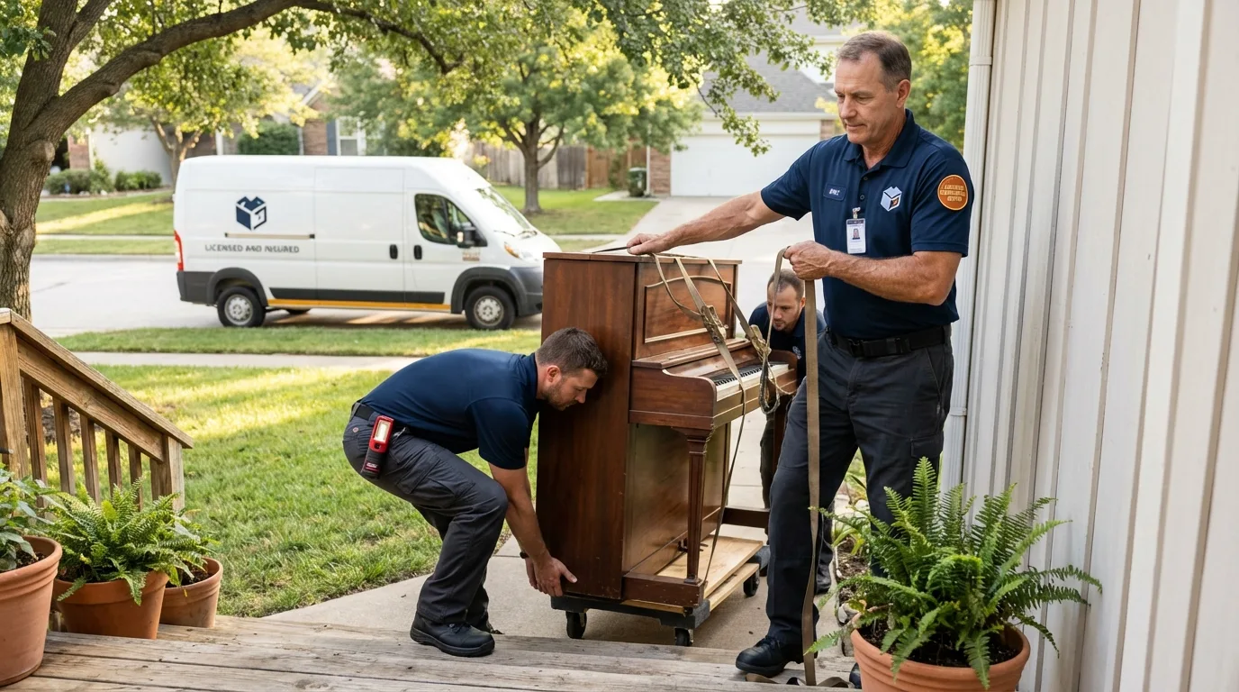Licensed piano movers securing grand piano in Cicero, IN