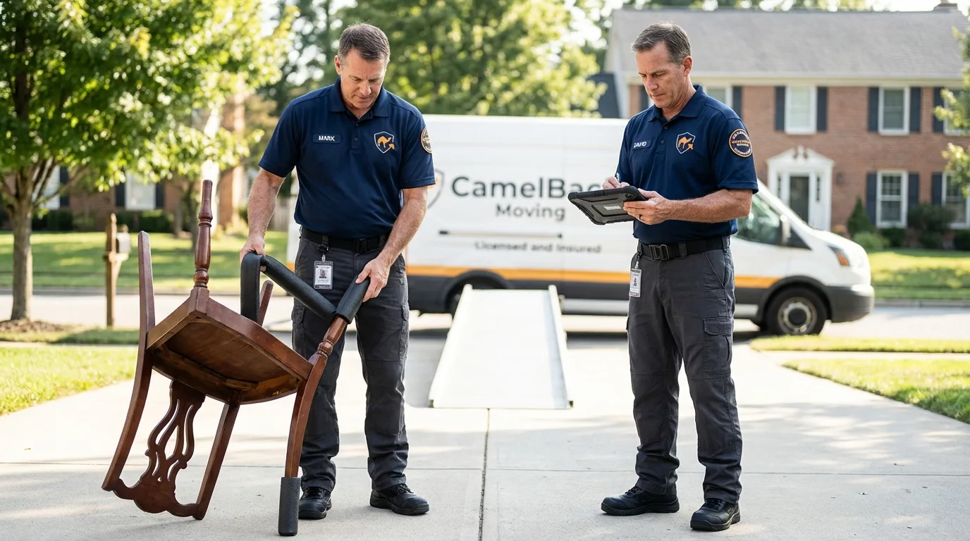 Movers inspecting furniture for damage prevention before loading in Cicero, IN