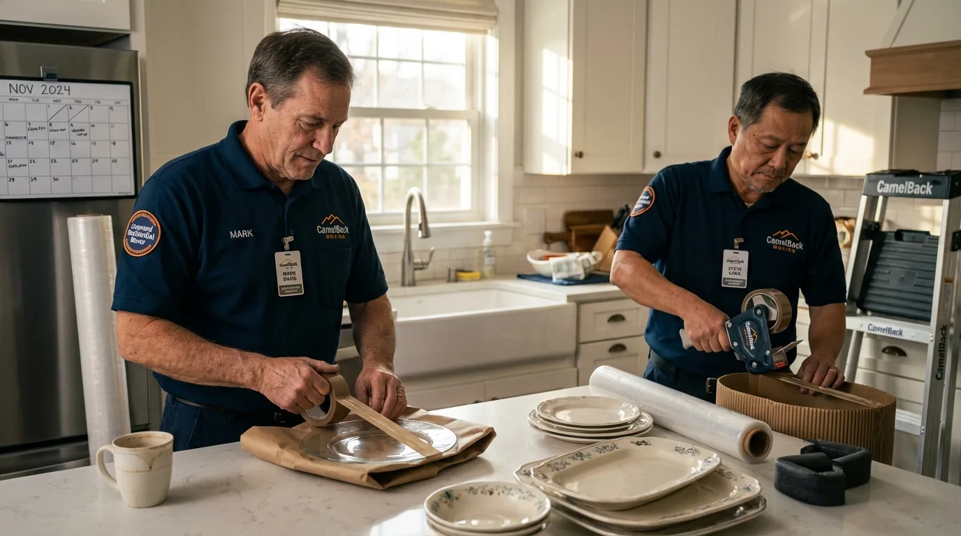 Professional crew packing kitchen dishware in Cicero, IN